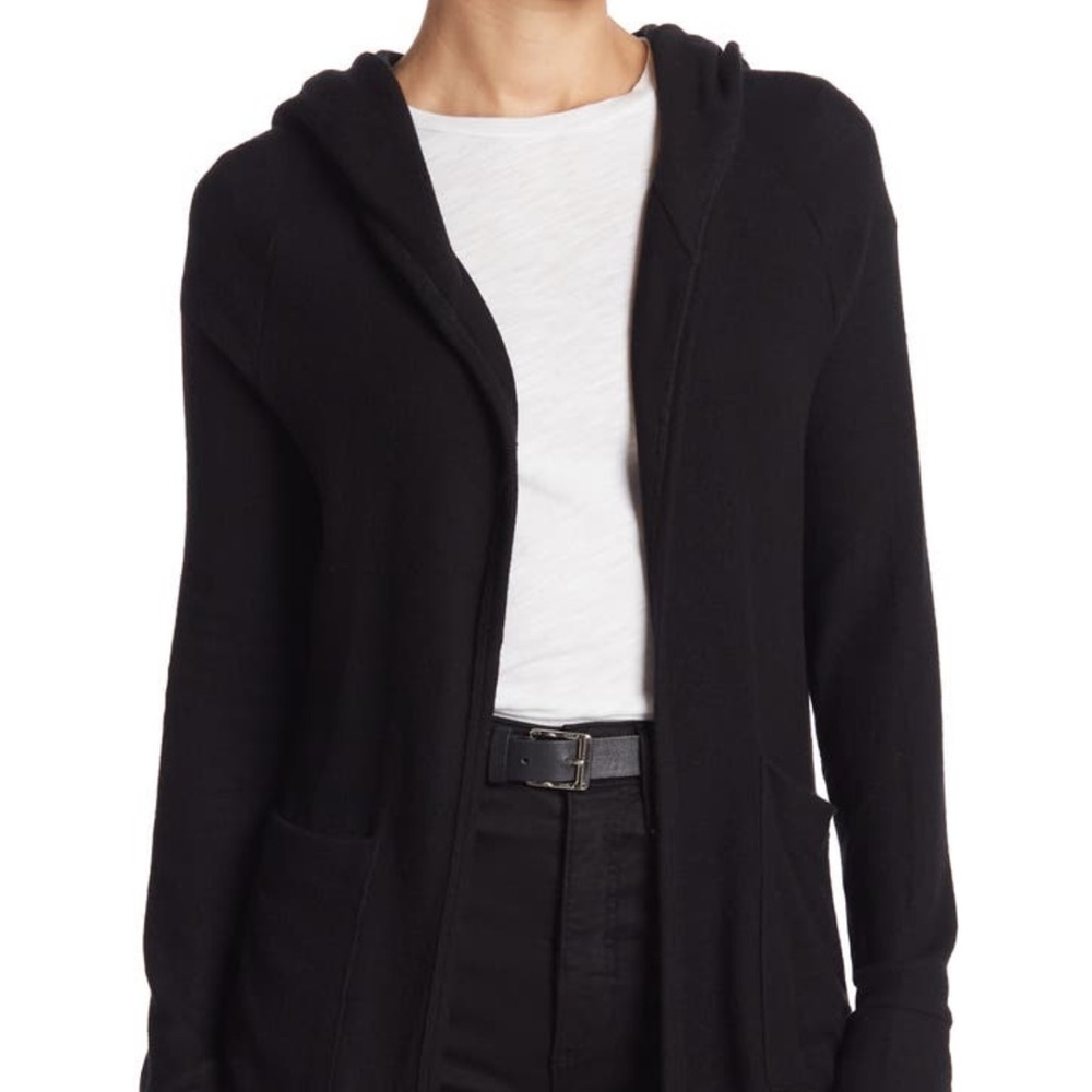 Go Couture Long Open Front Hooded Cardigan In Black Size L